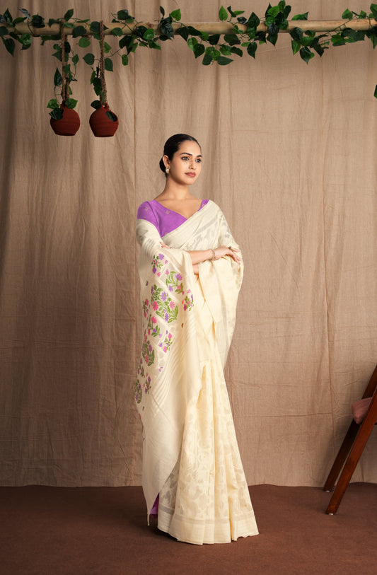 Navya | Pearl White + Purple Muga Cotton Jamdani Woven Saree.