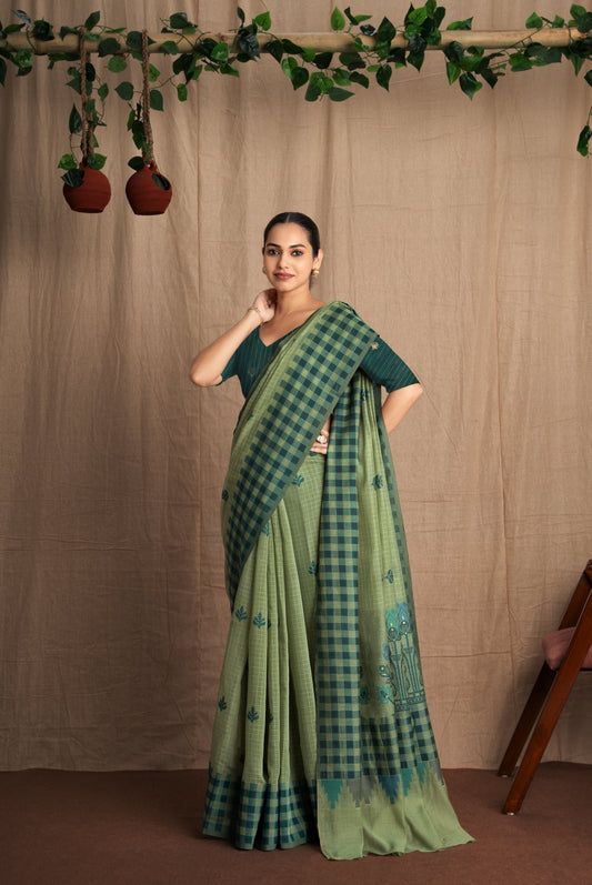 Vasantika | Green Cotton Muga Jamdani Woven Saree.
