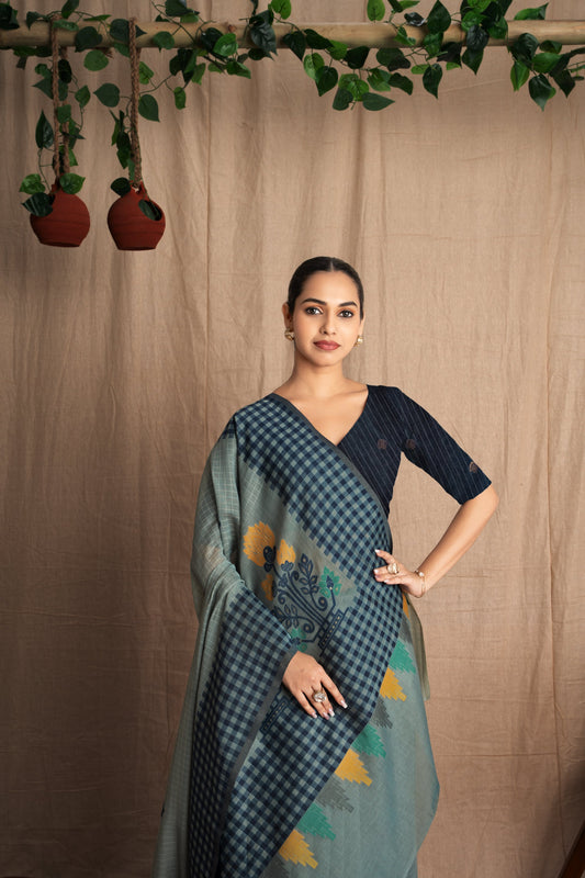 Vasantika | Firozi Cotton Muga Jamdani Woven Saree.