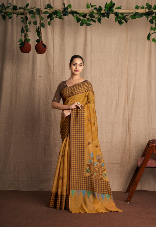 Vasantika | Mustard + Coffee Cotton Muga Jamdani Woven Saree.