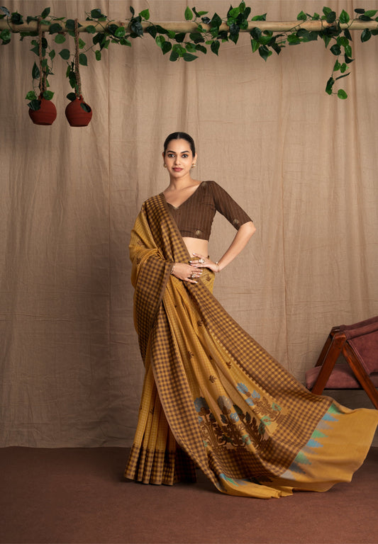 Vasantika | Mustard + Coffee Cotton Muga Jamdani Woven Saree.