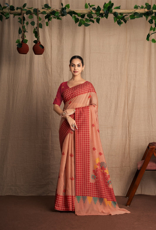 Vasantika | Peach Cotton Muga Jamdani Woven Saree.