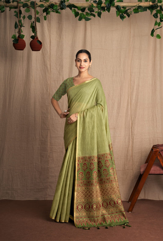 Nivaaj | Dusty Green Muga Cotton Ajrakh Bandhani Mix Design Woven Saree