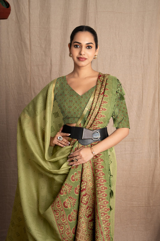 Nivaaj | Dusty Green Muga Cotton Ajrakh Bandhani Mix Design Woven Saree