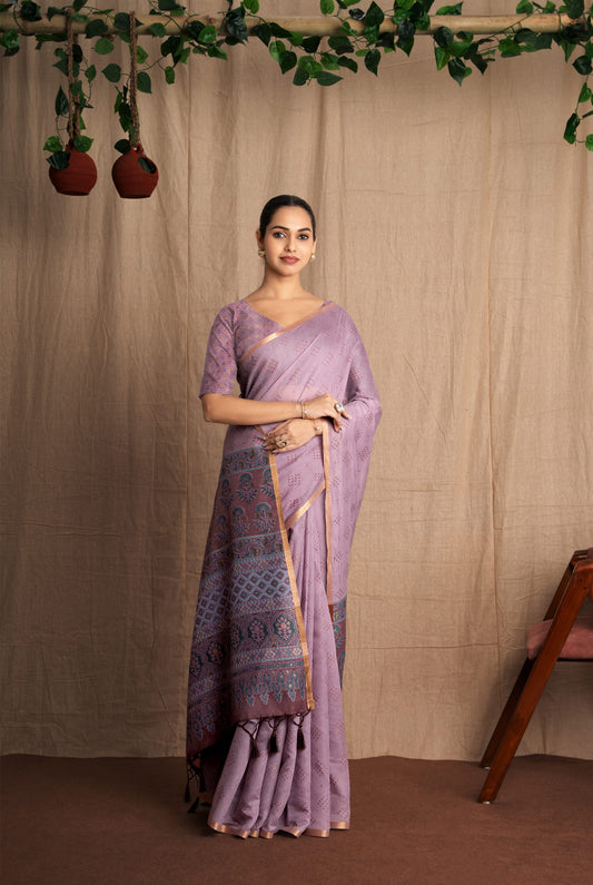 Nivaaj | Purple Muga Cotton Ajrakh Bandhani Mix Design Woven Saree