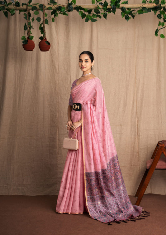 Nivaaj | Bubblegum Pink Muga Cotton Ajrakh Bandhani Mix Design Woven Saree