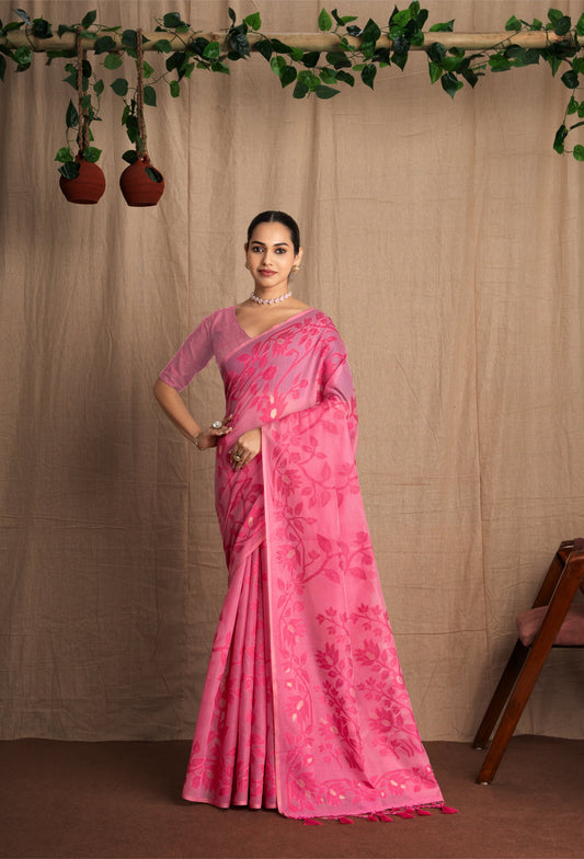 Ishara | Pink Muga Cotton Traditional Jamdani Woven Saree