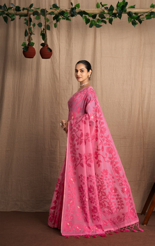 Ishara | Pink Muga Cotton Traditional Jamdani Woven Saree