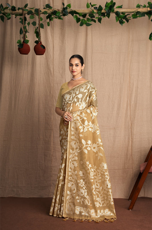 Ishara | Beige Muga Cotton Traditional Jamdani Woven Saree