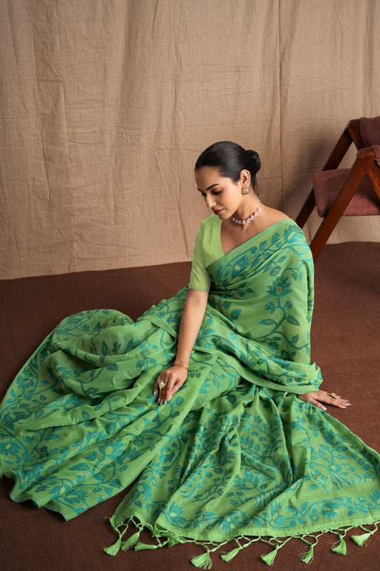 Ishara | Green Muga Cotton Traditional Jamdani Woven Saree