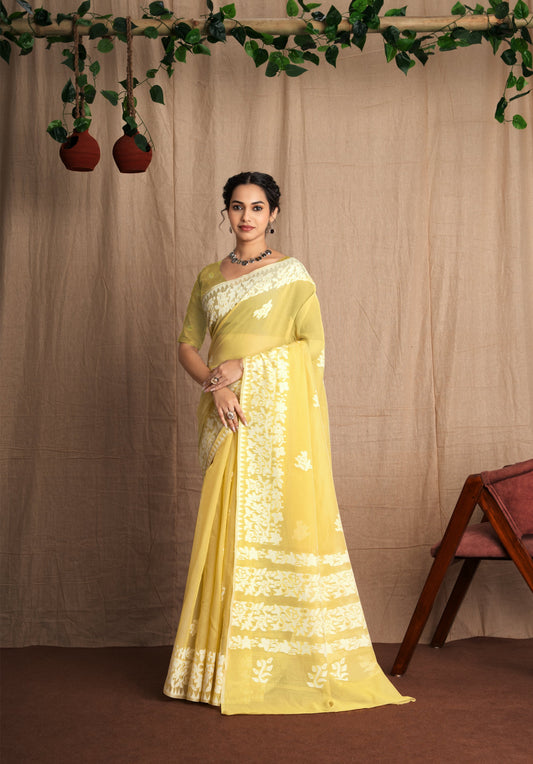 Dhakai Sparsh | Gold Soft Cotton Mul Jamdani Woven Saree