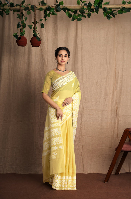 Dhakai Sparsh | Gold Soft Cotton Mul Jamdani Woven Saree
