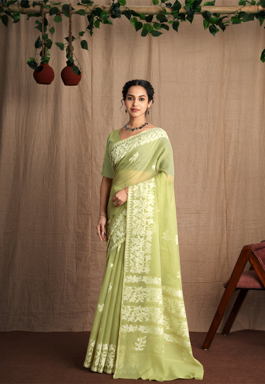 Dhakai Sparsh | Green Soft Cotton Mul Jamdani Woven Saree