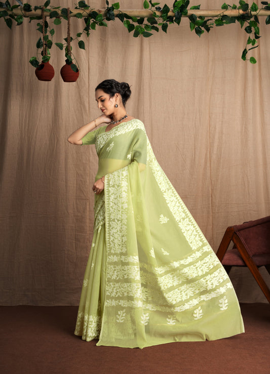Dhakai Sparsh | Green Soft Cotton Mul Jamdani Woven Saree