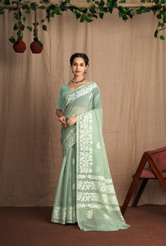 Dhakai Sparsh | Light Sea Green Soft Cotton Mul Jamdani Woven Saree