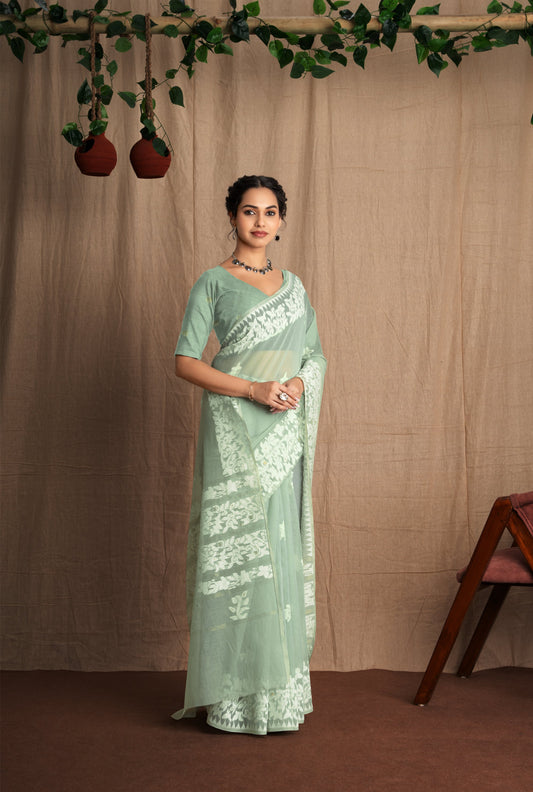 Dhakai Sparsh | Light Sea Green Soft Cotton Mul Jamdani Woven Saree