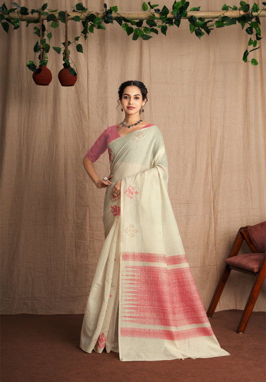 Kavya Karishma | Ivory With Pink Soft Mul Cotton Handloom Effect Woven Saree