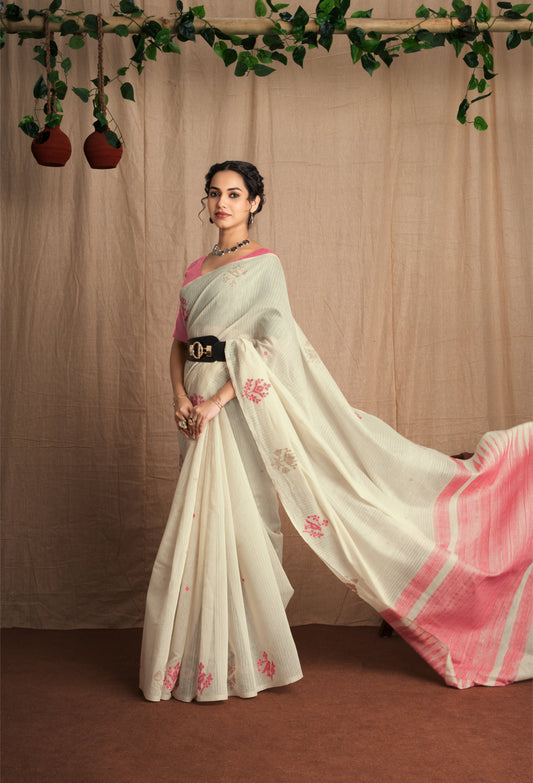 Kavya Karishma | Ivory With Pink Soft Mul Cotton Handloom Effect Woven Saree
