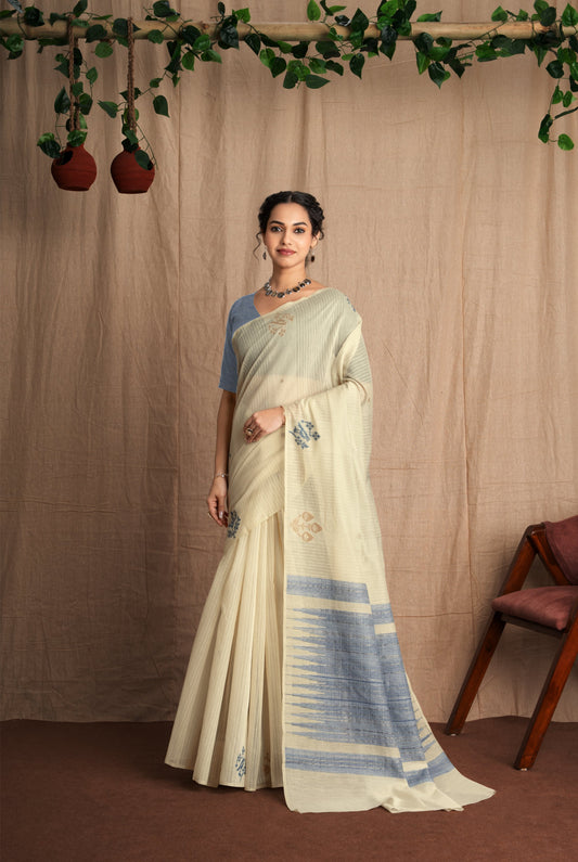 Kavya Karishma | Ivory With Blue Soft Mul Cotton Handloom Effect Woven Saree