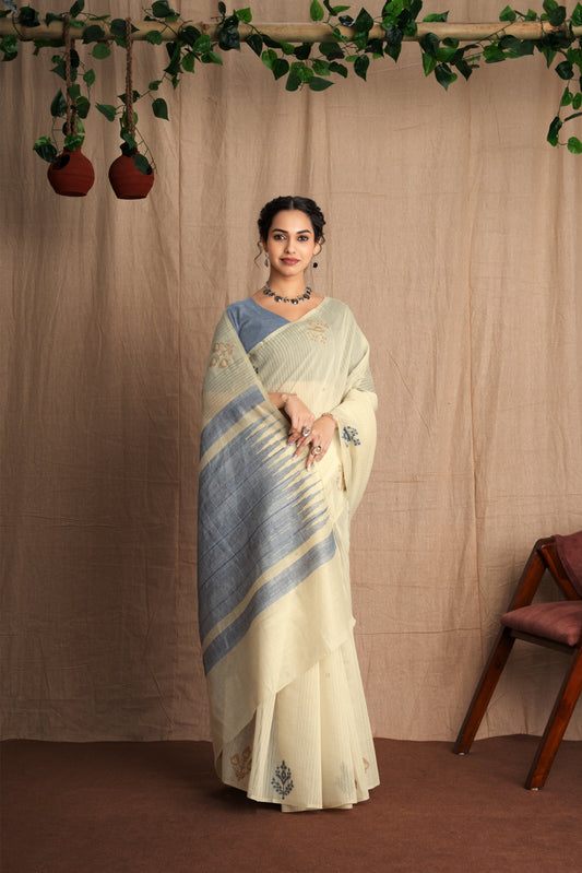 Kavya Karishma | Ivory With Blue Soft Mul Cotton Handloom Effect Woven Saree