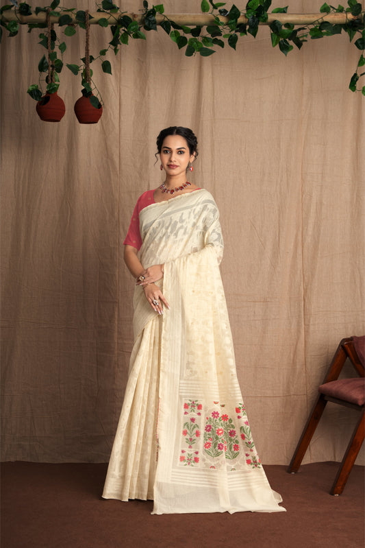 Navya | Pearl White + Peach Muga Cotton Jamdani Woven Saree.