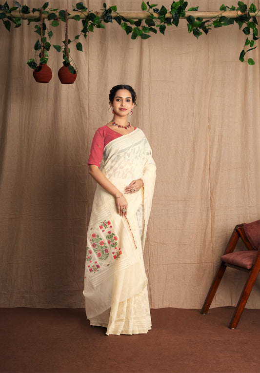 Navya | Pearl White + Peach Muga Cotton Jamdani Woven Saree.