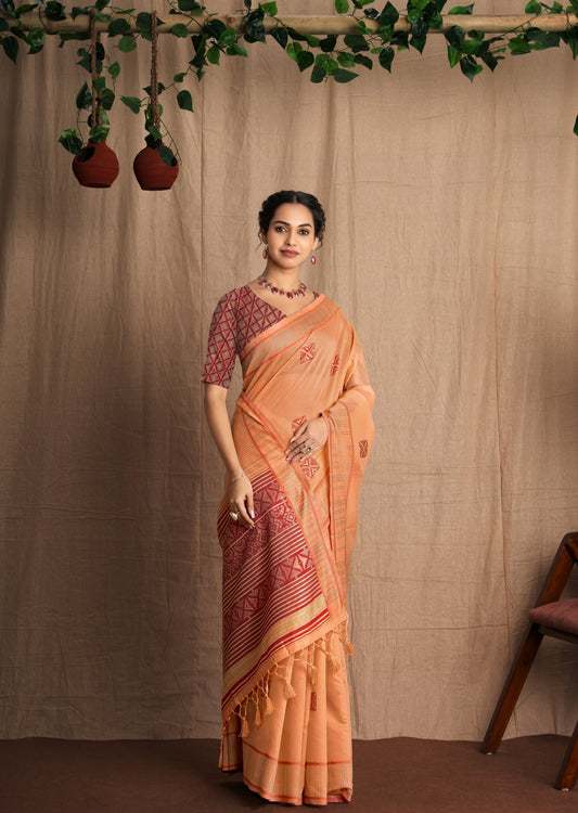 Weave Katha | Peach Sorbet Muga Cotton Kantha Woven Saree.