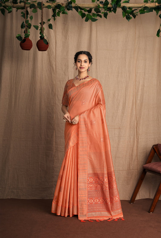 Weave Katha | Peach Muga Cotton Kantha Woven Saree.