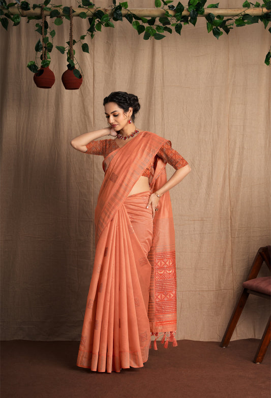 Weave Katha | Peach Muga Cotton Kantha Woven Saree.