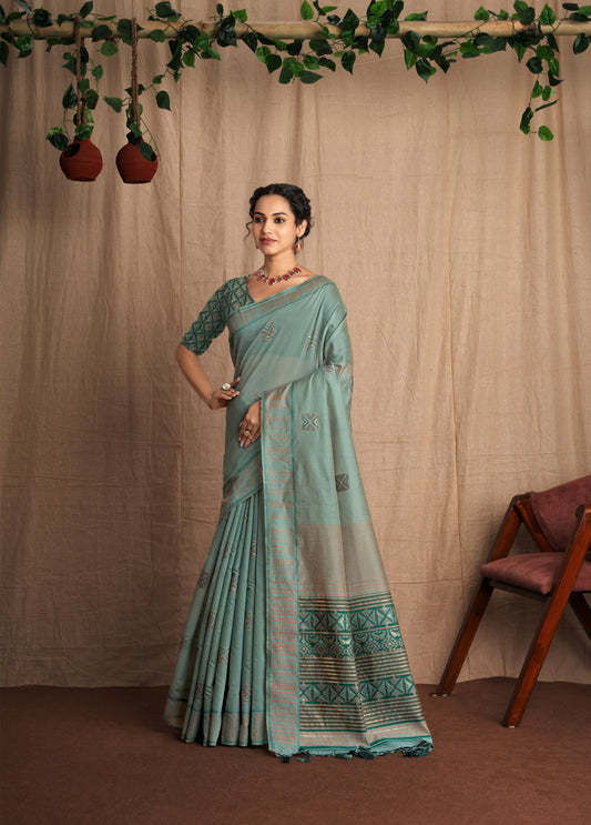 Weave Katha | Firozi Blue Muga Cotton Kantha Woven Saree.