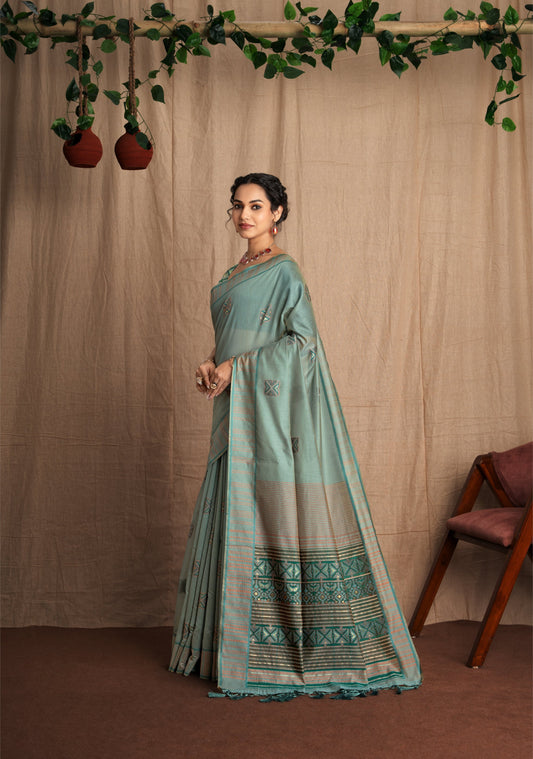 Weave Katha | Firozi Blue Muga Cotton Kantha Woven Saree.
