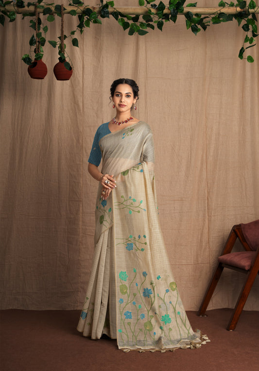 Vanya | Chalk Beige + Cobalt Blue Soft Mul Cotton Floral Checks Woven Saree.