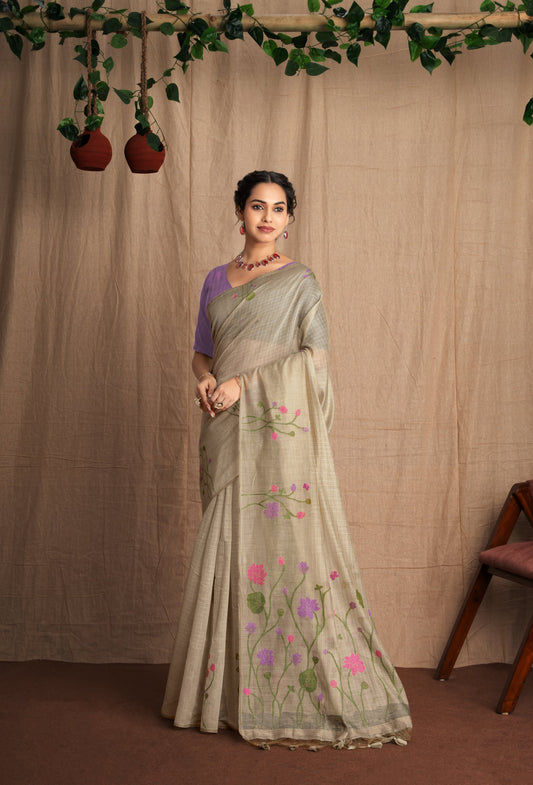Vanya | Chalk Beige + Purple Soft Mul Cotton Floral Checks Woven Saree.
