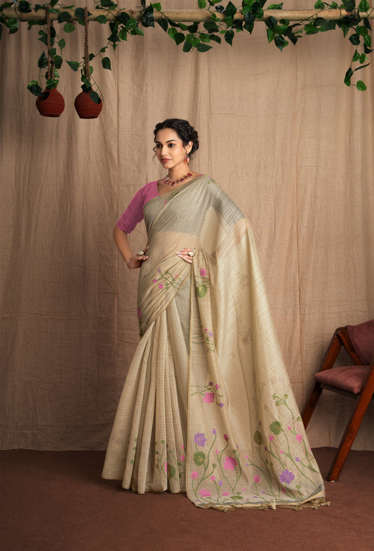 Vanya | Chalk Beige + Pink Soft Mul Cotton Floral Checks Woven Saree.