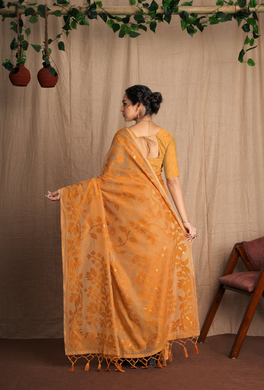 Ishara | Orange Muga Cotton Traditional Jamdani Woven Saree