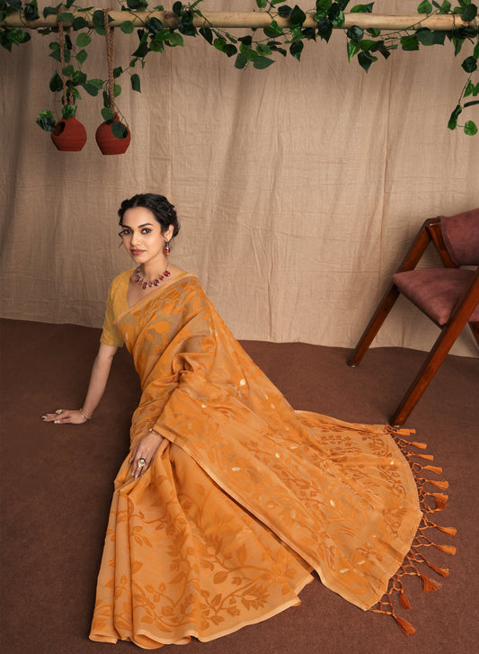Ishara | Orange Muga Cotton Traditional Jamdani Woven Saree