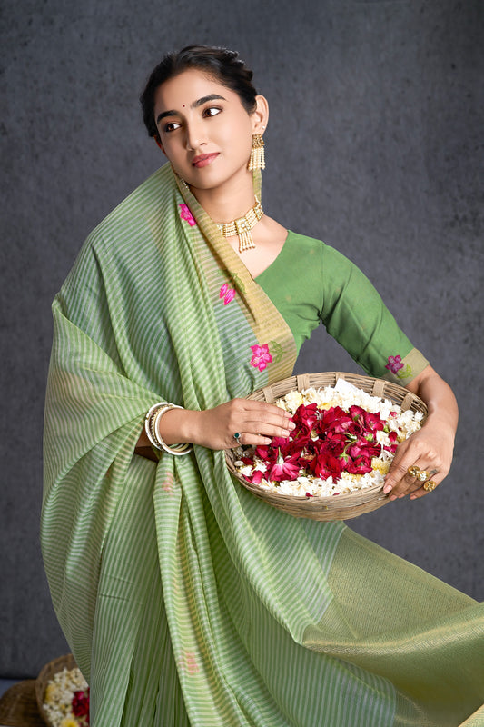 Madhurima | Smoky Green Spun Polyester Floral Design Jacquard Woven Saree.