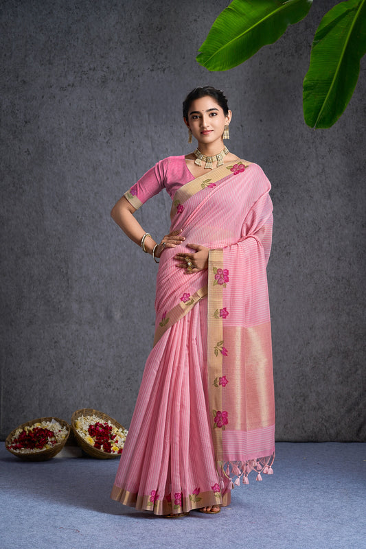 Madhurima | Baby Pink Spun Polyester Floral Design Jacquard Woven Saree.