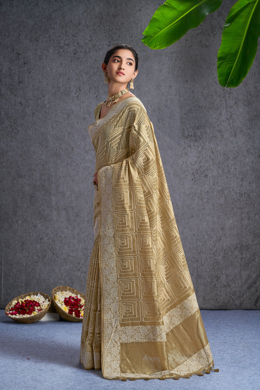 Aavira | Camel White Mul Cotton Jacquard Woven Jamdani Design