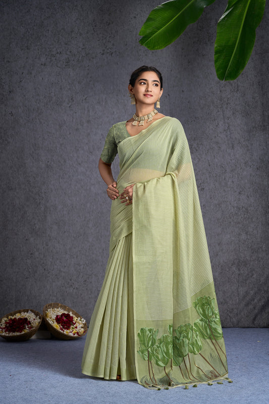 Nayra | Moss Green Cotton Blend Floral Design Jacquard Woven Saree.