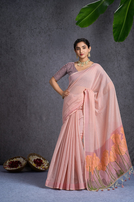 Nayra | Gajari Peach Cotton Blend Floral Design Jacquard Woven Saree.