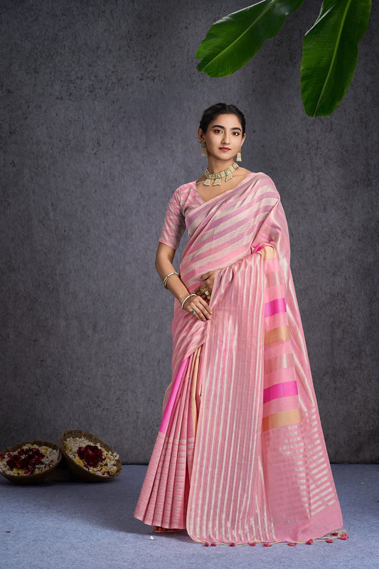 Swarni | Baby Pink Cotton Blend Geometric Design Jacquard Woven Saree