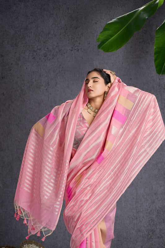 Swarni | Baby Pink Cotton Blend Geometric Design Jacquard Woven Saree