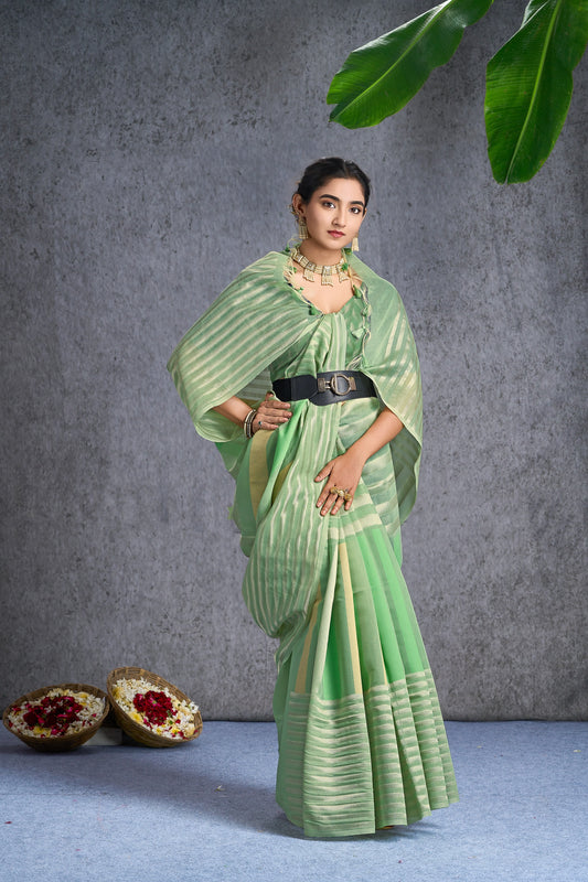 Swarni | Smoky Green Cotton Blend Geometric Design Jacquard Woven Saree