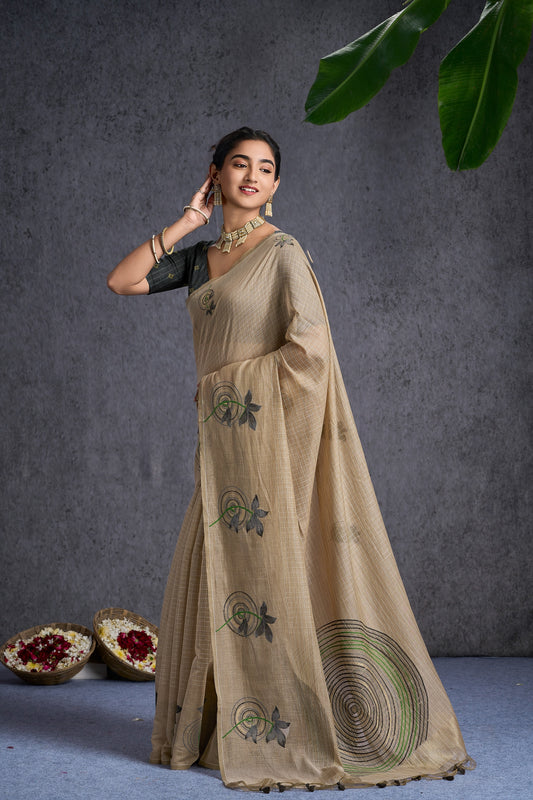 Aakriti | Chiku Soft Mul Cotton Floral + Geometric Design Jacquard Woven Saree