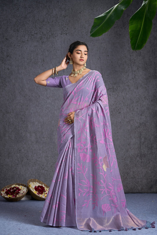 Tarangi | Purple Muga Cotton Jacquard Woven Abstract Leaf Design