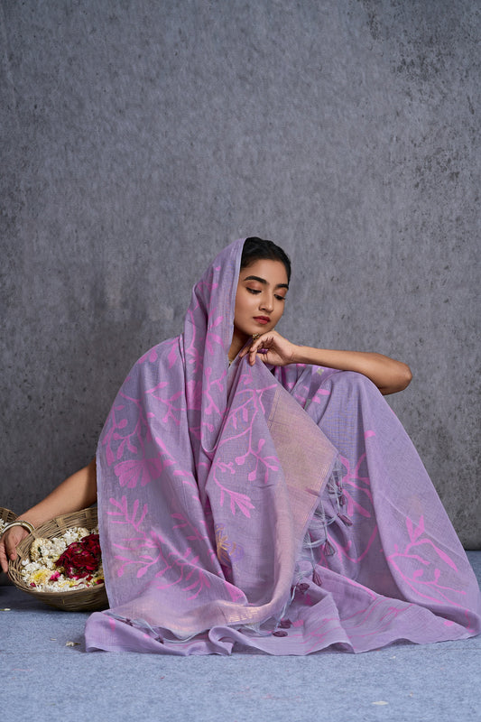 Tarangi | Purple Muga Cotton Jacquard Woven Abstract Leaf Design