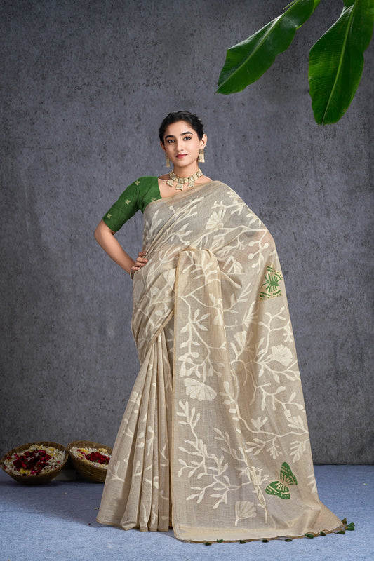 Tarangi | Beige With Green Muga Cotton Jacquard Woven Abstract Leaf Design