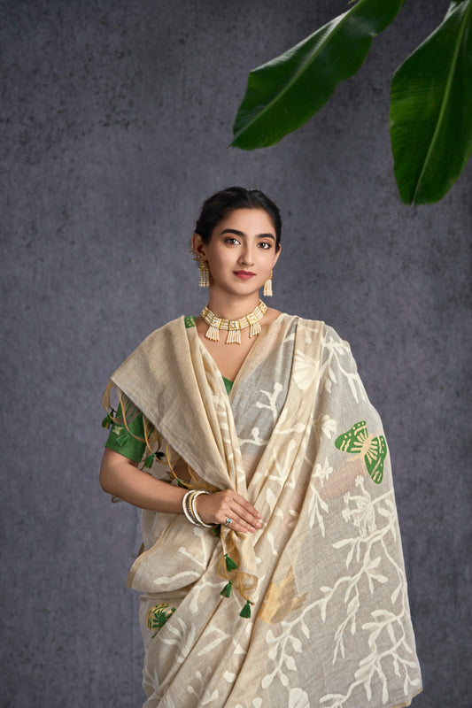 Tarangi | Beige With Green Muga Cotton Jacquard Woven Abstract Leaf Design