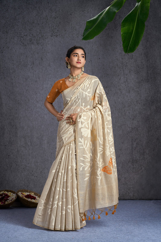Tarangi | Beige With Yellow Muga Cotton Jacquard Woven Abstract Leaf Design